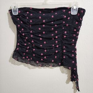 Women's Strapless Black Midriff Top w/Pink Floral Polka Dots Size L
